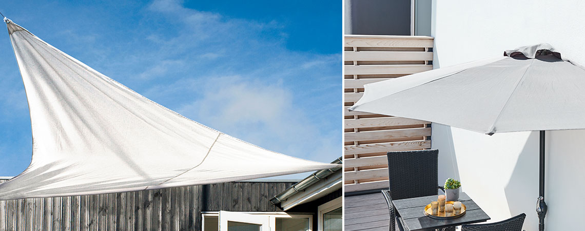 To ulike måter å få en tildekket uteplass – med et solseil eller en parasoll