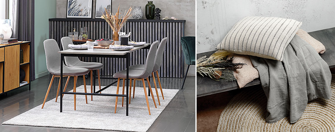 Stue med et lys grått gulvteppe under et spisebord og en benk med en pute og et pledd