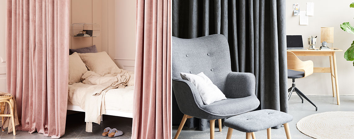 To eksempler på hvordan du kan bruke gardiner som romdeler: For et soverom og for et hjemmekontor