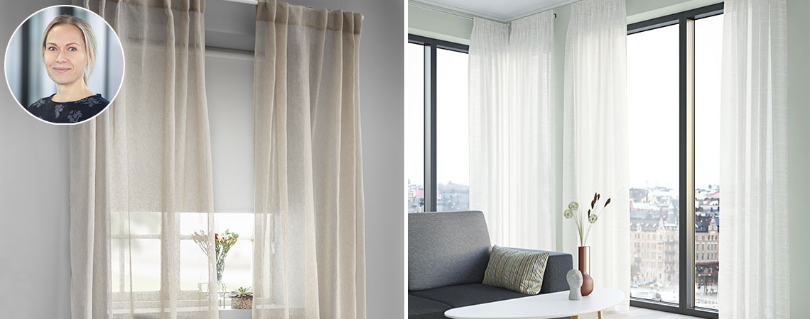 Beige gardiner og hvit lystett rullegardin på et soverom og off-white gardiner i stue og spisestue 