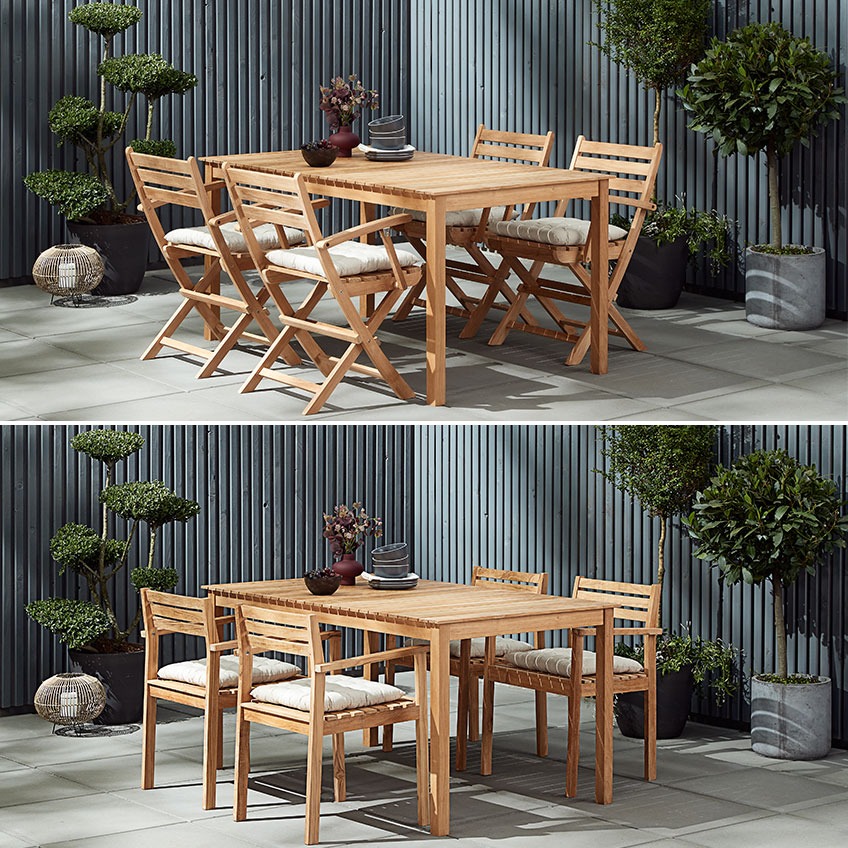To forskjellige hagemøbler i teak, den ene med sammenleggbare stoler og den andre med stablestoler