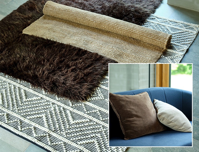 STORMHATT, VANDMYNTE og GLORIOSA tepper og BERBERIS dekorative pute Brune og beige tepper og dekorative puter i brun og beige