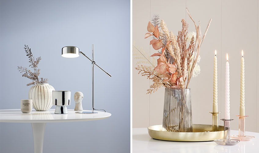 ISAK lampe, BOSSE lys, SOFUS vase, ROY glassvase, EDGAR lysestaker og BALDUR tvinnede stearinlys Vaser, lysestaker, lampe og lys i skandinavisk design og lyse farger