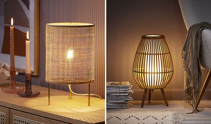 Bordlampe i rotting og gulvlampe i bambus