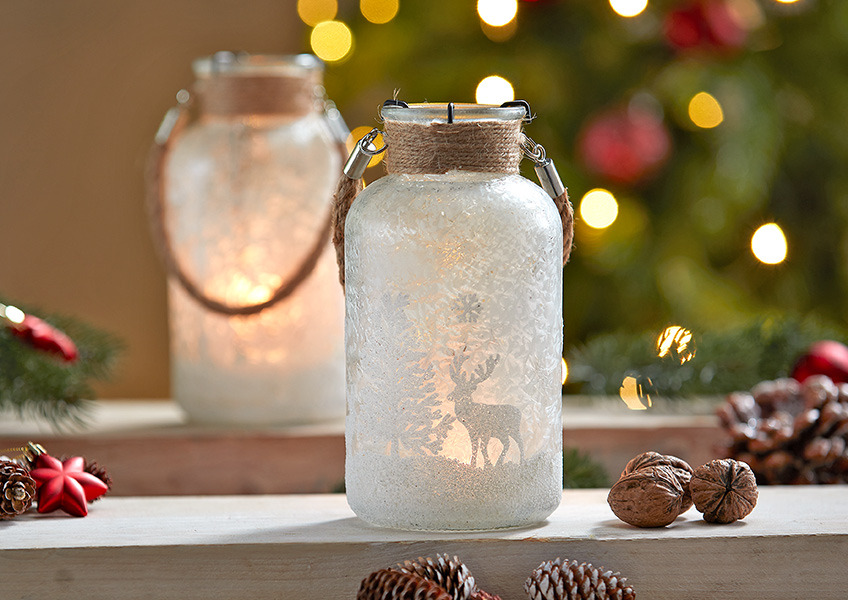 Lanterne til kubbelys i glass med hvitt julemotiv